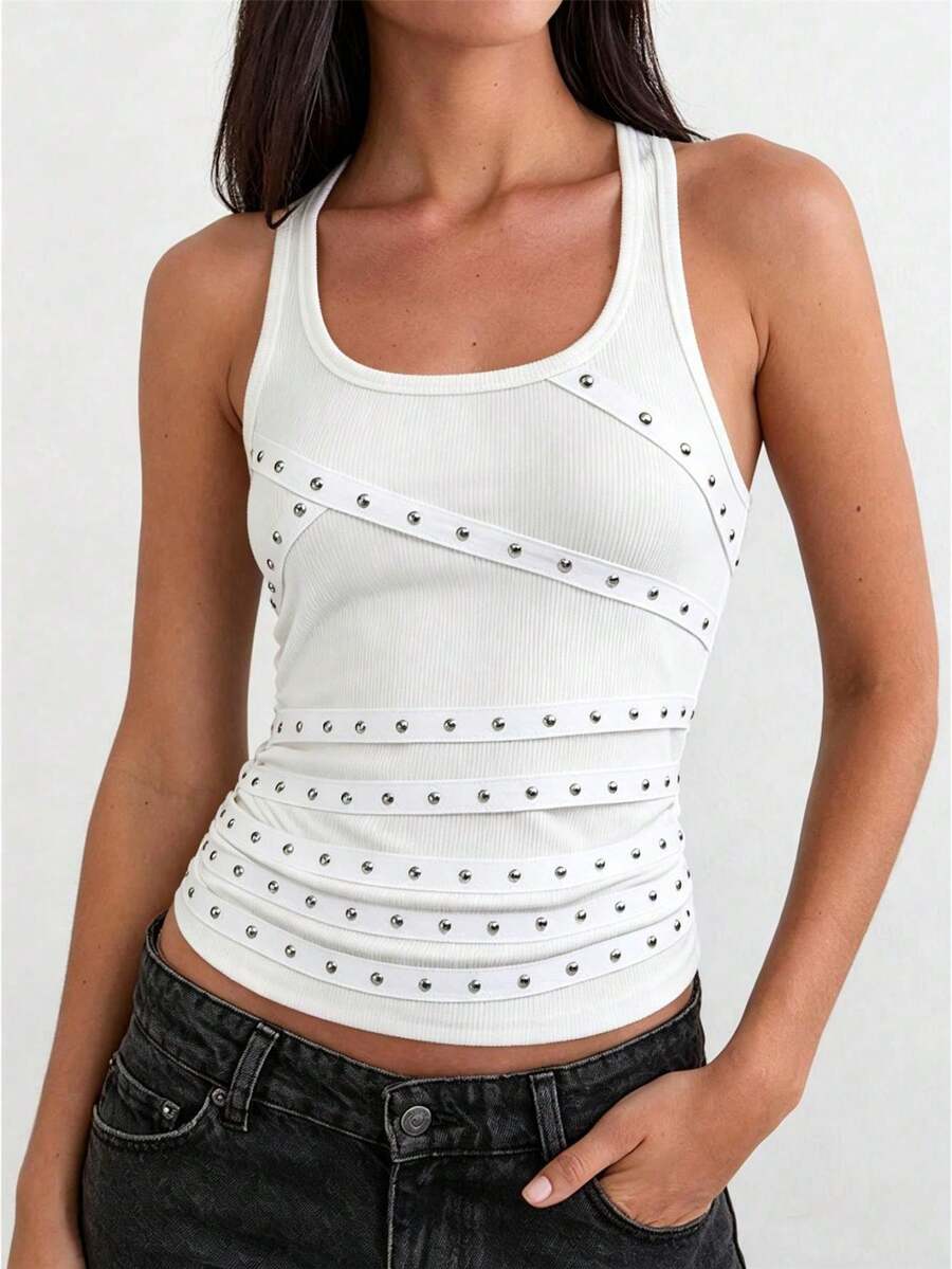 Womens Rivets Studded Halter Neck Plunge Cami Top Self-Tie Spaghetti Straps V-Neck Cut Out Front Crop Tank Top Camisole Vest Y2K Streetwear Party Tops - F208317-白色 - 查看 1