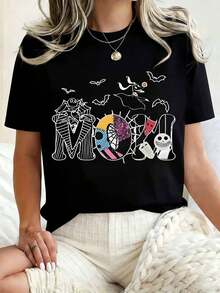 Disney Women Round Neck T Shirt Halloween Moana Print Graphic Tee Casual Loose Fit Top For Autumn And Winter 220g - 黑色 - 查看 1