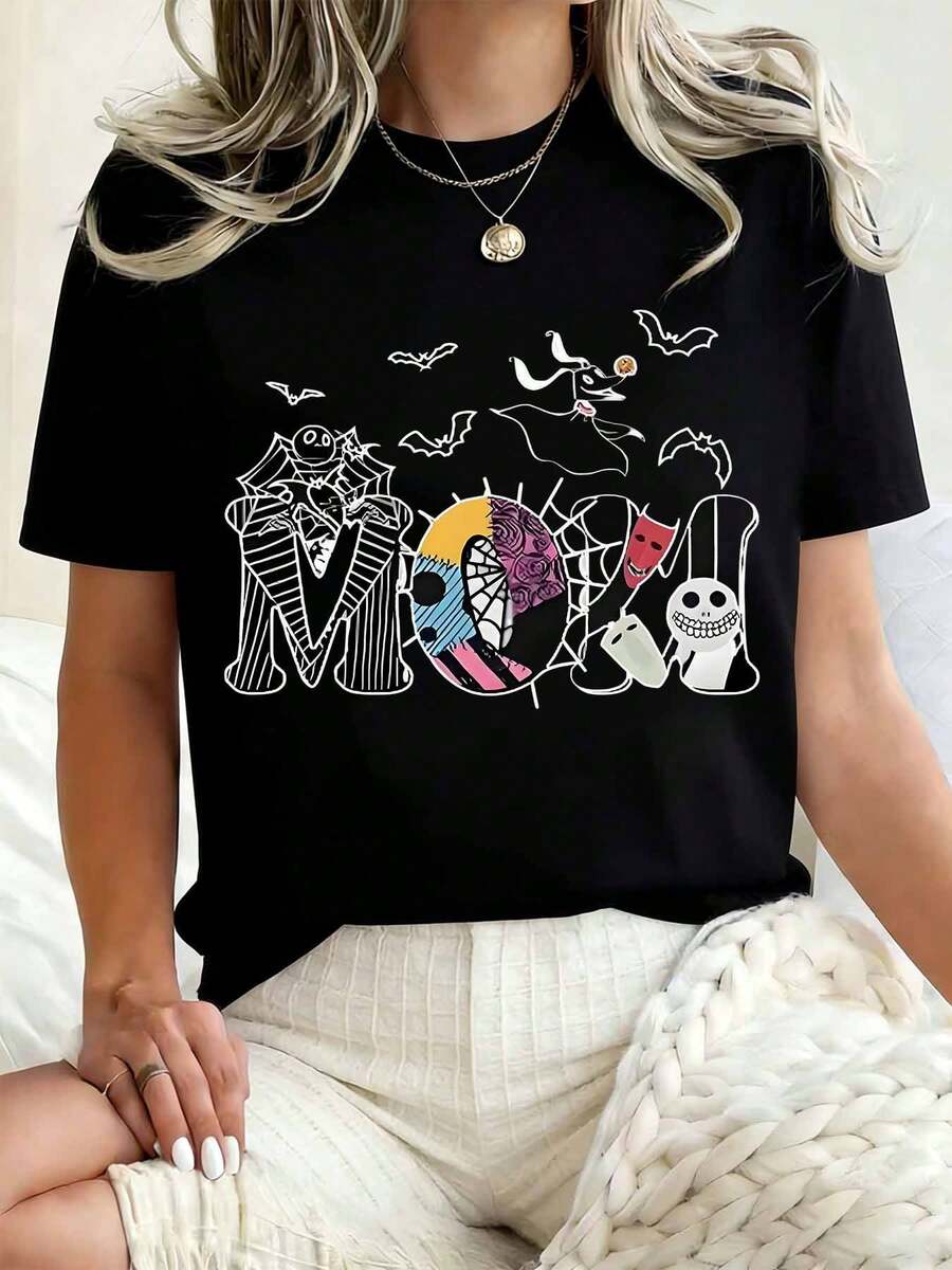 Disney Women Round Neck T Shirt Halloween Moana Print Graphic Tee Casual Loose Fit Top For Autumn And Winter 220g - 黑色 - 查看 1