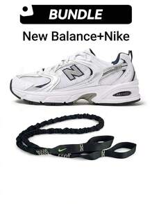 [New Balance+Nike]New Balance 530 男款運動鞋，白色銀色海軍藍配色，全天候舒適與經典風格。採用透氣白色網面鞋面，搭配金屬銀色與光滑白色皮革飾片，提供輕量支撐與清新外觀。側邊醒目的灰色 New Balance 標誌配以海軍藍勾邊，形成吸睛對比。白色與灰色 ABZORB 緩衝鞋底提供靈敏的衝擊吸收、穩定性與日常穿著的強化舒適感 - 白色/天然靛藍+黑色 - 查看 1