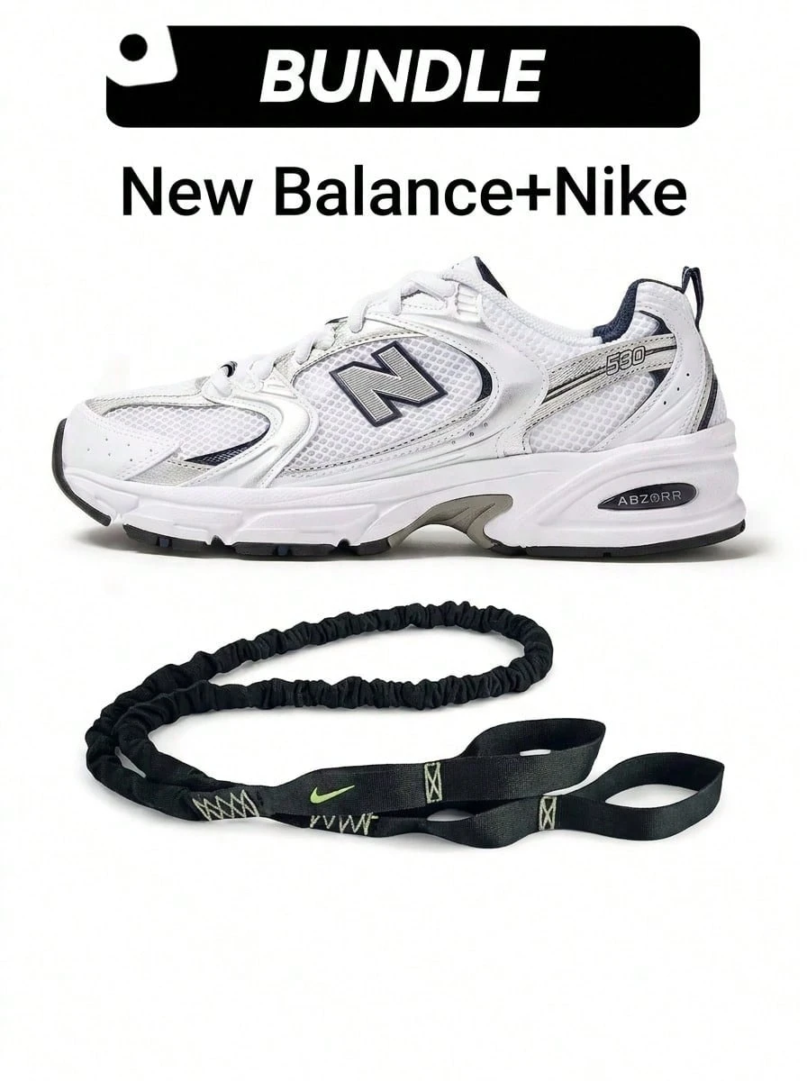 [New Balance+Nike]New Balance 530 男款運動鞋，白色銀色海軍藍配色，全天候舒適與經典風格。採用透氣白色網面鞋面，搭配金屬銀色與光滑白色皮革飾片，提供輕量支撐與清新外觀。側邊醒目的灰色 New Balance 標誌配以海軍藍勾邊，形成吸睛對比。白色與灰色 ABZORB 緩衝鞋底提供靈敏的衝擊吸收、穩定性與日常穿著的強化舒適感 - 白色/天然靛藍+黑色 - 查看 1