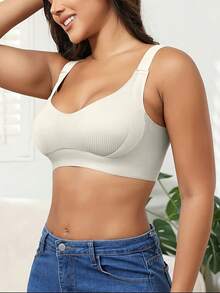 4-Piece Plus Size Bra, Seamless Breathable Wireless Sports Bra For Women - Full Coverage Design, Anti-Slip Material, With Lifting And Support Functions, Comfortable To Wear, Ribbed Details, Made Of Nylon And Elastic Fiber Blend, Hand Wash. Elegant Solid Color Design.Plus Size Lingerie - 彩色 - 查看 2