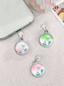 Gradient Oil Painting Faux Pearl Flower Phone Dust Plug, Garden Style Phone Charging Port Decoration Anti-Lost Pendant, Universal For All Phone Models - Multicolor - View 5