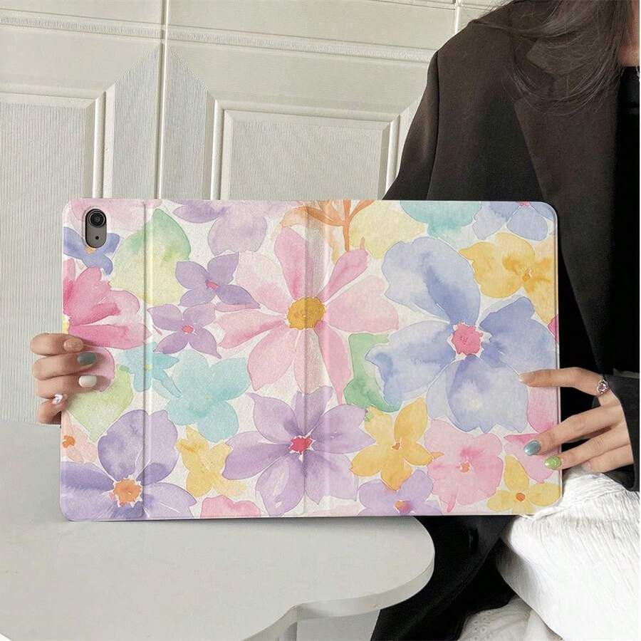 1 Piece White Base Soft Watercolor Pastel Floral Full Print Table Case - Multi-Angle Stand Protective Cover With Pen Holder Compatible With IPad Pro (M5)/ Air (M3)/ 10th Generation 10.9-Inch 2022 Smart CaseiPad 11(A16 2025)/Galaxy Tab S10+/S9/A9,Compatible With Oppo Pad,Compatible With Huawei Matepad,Compatible With Vivo Pad,Compatible With Honor Pad,Compatible With Lenovo Xiaoxin Pad - Multicolor - View 1