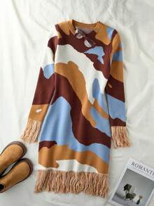 European And American Hot Girl Vintage Camouflage Contrast Color Ribbed Knit Bodycon Dress, Autumn/Winter Fashion Outfit Vacation Fall - Multicolor - View 3