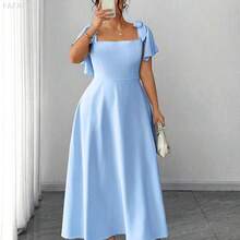 xuehuamaoyi02  Vestido de línea A de longitud media con cuello cuadrado y tirantes con lazo, en color azul cielo, elegante y minimalista, para mujer de talla grande, para uso diario, fiesta, boda y dama de honor - Azul - Ver 4