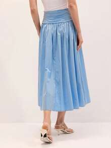 High-Waisted,Pleated,Gold-Buttoned,Fitted Midi Skirt;Gentleand Refreshing Blue Midi A-Line Skirt Transitional Seasons,Commuting,Work Or Group Outings. - 藍色 - 查看 2