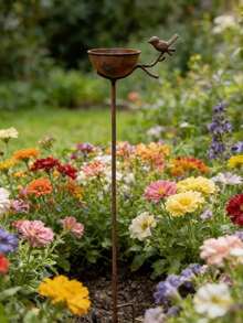 Vintage Distressed Rusty Bird Waterer Garden Decor Ground Stake, Metal Bird Feeding Bowl For Yard Gardening, Exquisite Design, Natural Finish, Perfect For Hummingbirds, Birds And Insects, Garden Water Feature, Yard Decoration, Elegant Bird Bath, Spring And Summer Garden Decor - A - View 8