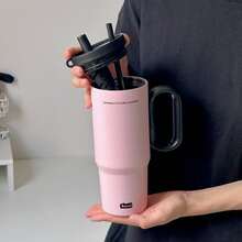 Vaso Térmico Aislado con Asa de Paja, Patrón de Eslógan y Gran Capacidad - Taza térmica con asa grande - Ver 6
