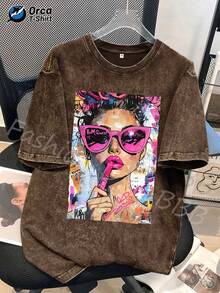 1 camiseta con estampado de gafas de graffiti y estilo pop art, camiseta de marca de moda vintage teñida con cera de alta calidad, camiseta para mujer, camiseta de primavera y otoño para mujer, regalos para el Día de San Patricio y Pascua, regalos navideños, 180g, 100% algodón. - Café integral - Ver 1