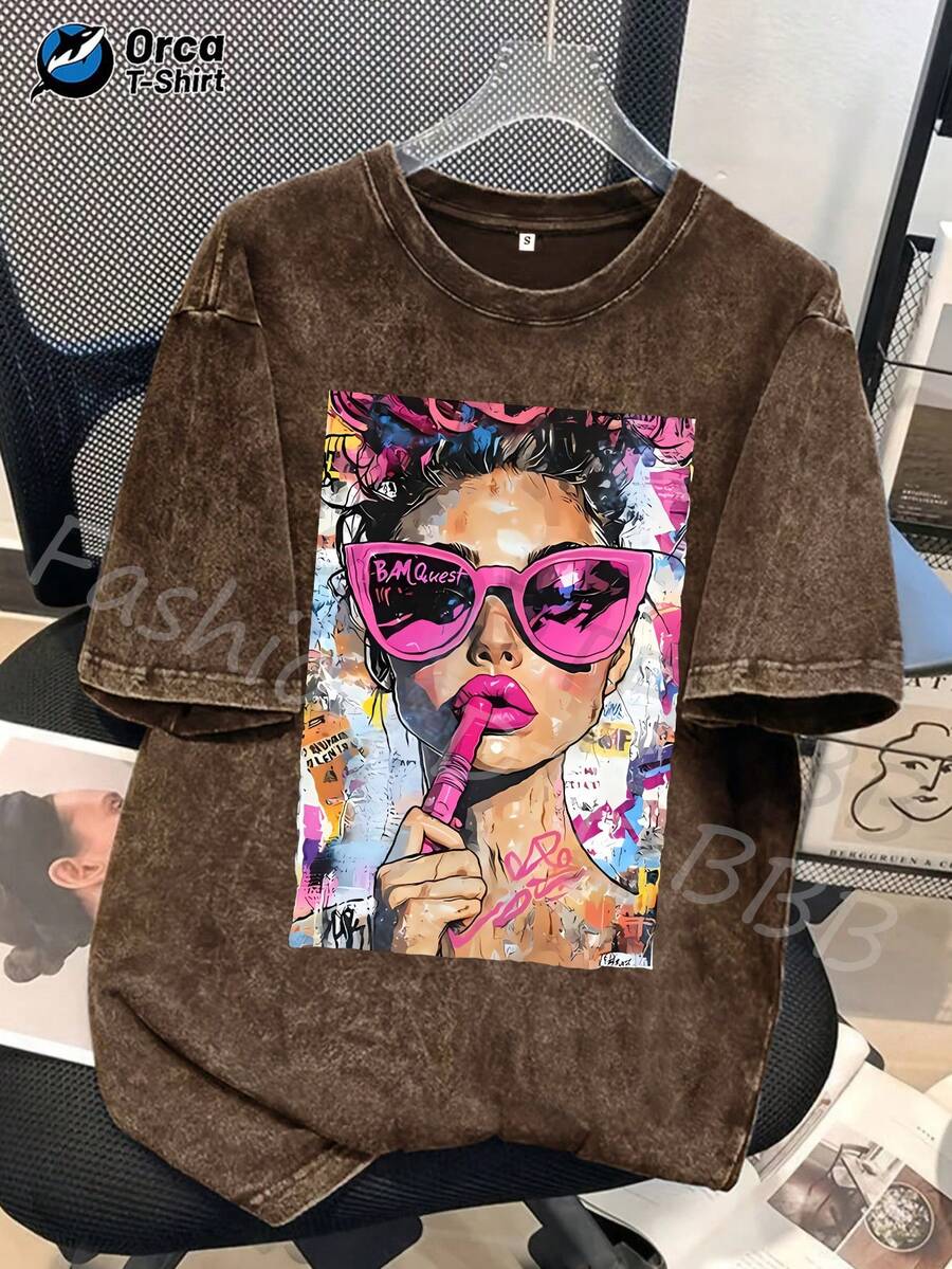 1 camiseta con estampado de gafas de graffiti y estilo pop art, camiseta de marca de moda vintage teñida con cera de alta calidad, camiseta para mujer, camiseta de primavera y otoño para mujer, regalos para el Día de San Patricio y Pascua, regalos navideños, 180g, 100% algodón. - Café integral - Ver 1