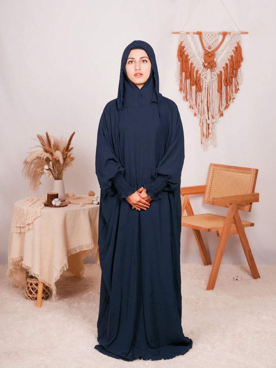Women's Elegant Stylish Hooded Tassel Kaftan | Middle Eastern Long Robe For Daily Wear Prayer All Seasons - Navy Blue - View 1