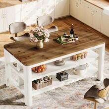 FINMIND Solid Wood Kitchen Island With Storage, 63-Inch Farmhouse Bar Table With Stools Space, Counter Height Dining Island For Kitchen Or Dining Room, Easy Assembly - 棕色和白色 - 查看 9
