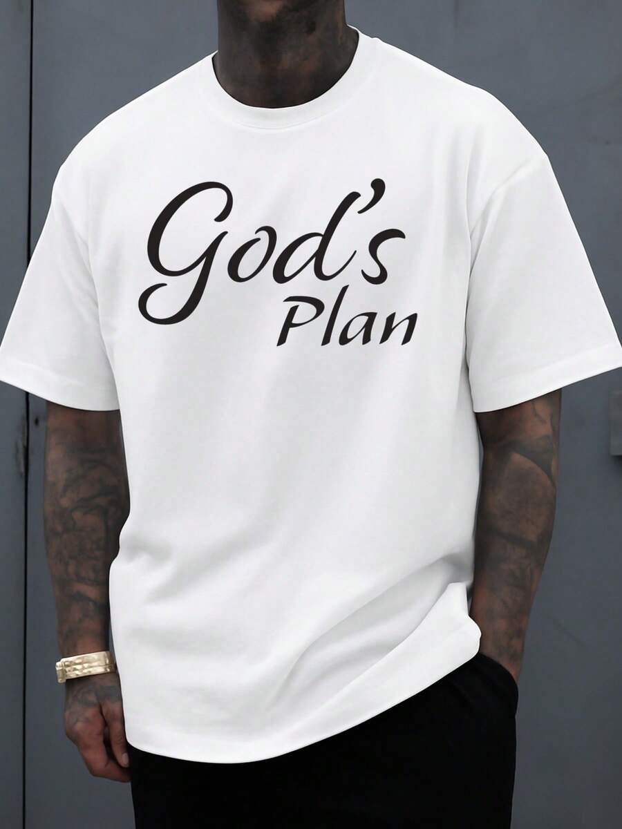Camiseta de Cuello Redondo para Hombre God's Plan, Blanca, Casual, Divertida, Cómoda, de Corte Holgado, Adecuada para Primavera y Verano, Todas las Temporadas, Corte Regular, Manga Corta, Tela Ligeramente Elástica, para Uso Diario, Tallas Grandes. - Blanco - Ver 1
