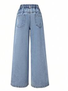 Jeans de mezclilla casual desgastados con diseño bordado, corte de pierna recta para niñas - Azul - Ver 3
