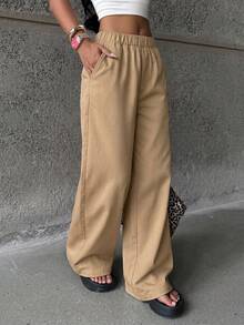 1pc Teen Girls Minimalist Loose Outdoor Sports Workout Personalized Solid Color Straight Leg Long Pants, Suitable For Spring/Summer/Autumn/Winter, Back To School - Khaki - View 3
