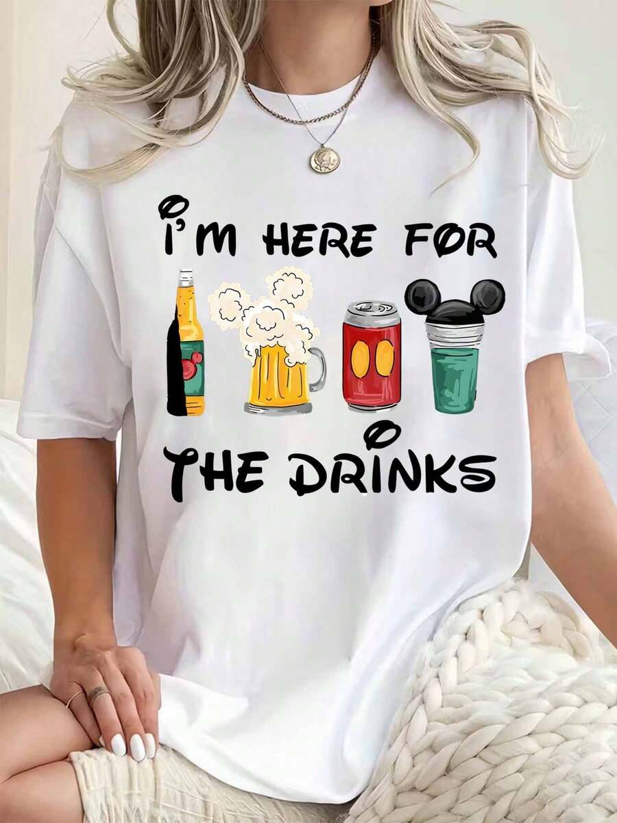 Disney Women Round Neck T Shirt I M Here For The Drinks Mickey Mouse Beer Bottle Mug Can And Cup Print Casual Summer Party Holiday 220g - trắng - Xem 1