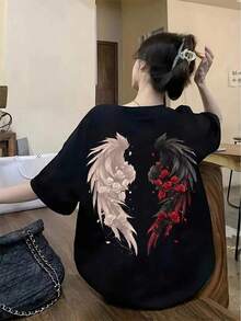 It Is an Angel Devil Wing Bara Pattern Double T-Shirt. - Negro - Ver 1