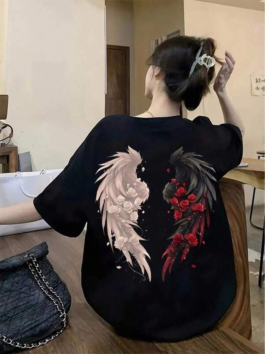 It Is an Angel Devil Wing Bara Pattern Double T-Shirt. - Negro - Ver 1