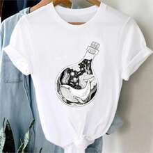 2026 Women's Quality Casual Cotton T-Shirt, Women's T-Shirts With Cartoon And Wine Print, Fun And Fashionable Clothes For Spring Summer, Elegant Women's T-Shirt, Printed T-Shirt For Girls, Unisex Basic T-Shirt - 白色 8 - 查看 1