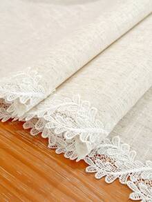 100% Polyester Natural Beige Textured Table Runner With Double Side Daisy Floral Hollow Scalloped Lace Border, Minimalist Farmhouse Decor Table Scarf, Solid Neutral Tone Table Flag For Dining Table Tea Table Kitchen Wedding Home Decor - Beige - View 12