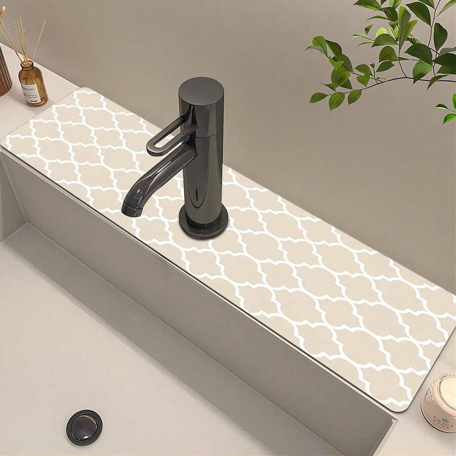 1 buah Keset Penyerap Keran Wastafel Berbentuk Kisi Berlian Warna Beige, Keset Pengeringan, untuk Dapur, Wastafel Kamar Mandi, Meja Dapur, Keset Pengeringan, Wastafel Tanah Diatom, dan Keset Cepat Kering yang Dapat Dipotong.