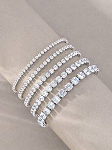 Multi-Size Full Zirconia Tennis Bracelet, Light Luxury Hip-Hop Style, Gold-Based, Featuring "Dense Zirconia Inlay + Tennis Chain Structure" Design, Combining Hip-Hop Sparkle With Light Luxury Jewelry's Exquisite Texture. Suitable For Mature Styles, Ideal For Daily Outings, Outfits, Light Parties And More - Silver - View 5