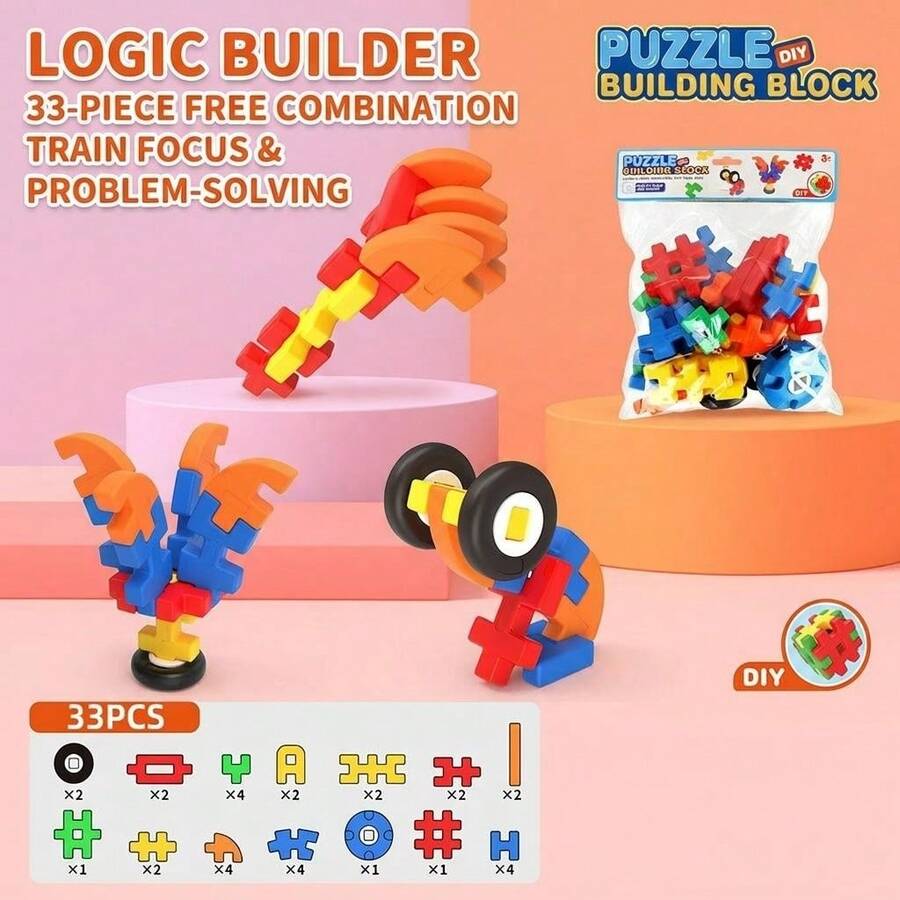 26-40pcs Building Blocks Educational Toy Set With Connectors And Wheels, Creative Back To School Party Gift For Kids, Random Colors And Shapes - Educational Interlocking Building Blocks (33 Pieces) - View 1