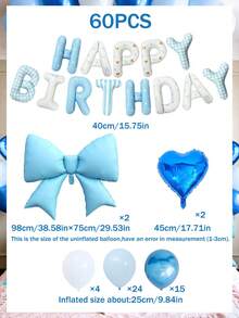 60件組藍色主題生日氣球套裝，16英吋生日快樂字母氣球橫幅，大號淺藍色蝴蝶結鋁箔氣球，18英吋心形氣球，藍白金屬藍乳膠氣球，適用於生日派對裝飾 - Style 1 - 查看 5