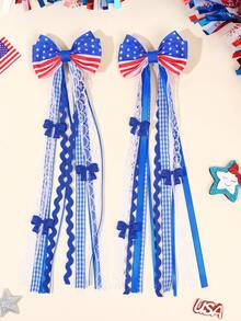 2pcs July 4th Independence Day Bow Hair Clips, White Blue Red American Flag Theme Hair Accessories, Star Stripe Plaid Hairpins, Cute Holiday Gift Party Summer Hair Accessories For Girls - Multicolor - View 6