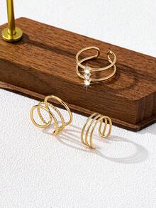 3pcs/Set Fashion Luxury Rhinestone Geometric Line Toe Rings For Women, Summer Beach Vacation - Golden - View 3