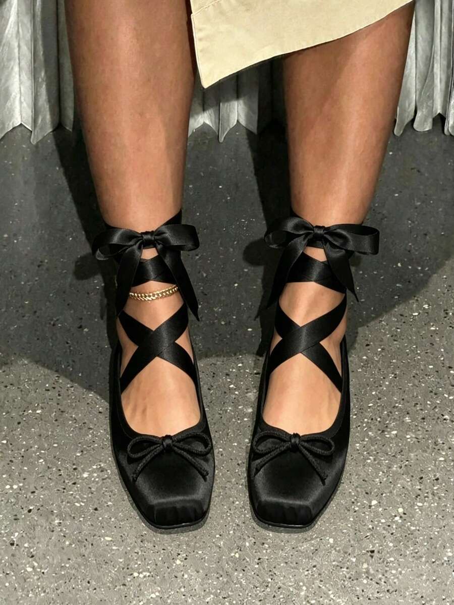 Ballet Flat Shoes Satin For Women Square Toe Bow Lace Up Ribbon Strappy Mary Jane Slingback Ballerina Pumps Lolita Party Wedding Prom Dress Cute Shoes - 黑色 - 查看 1