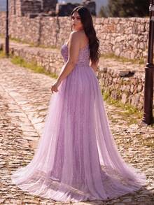 Women's Elegant Plus Size One Shoulder Gown, Slim Fit Mermaid Silhouette With Tulle Overlay, Perfect For Formal Dinners, Wedding Receptions - Mauve Purple - View 2