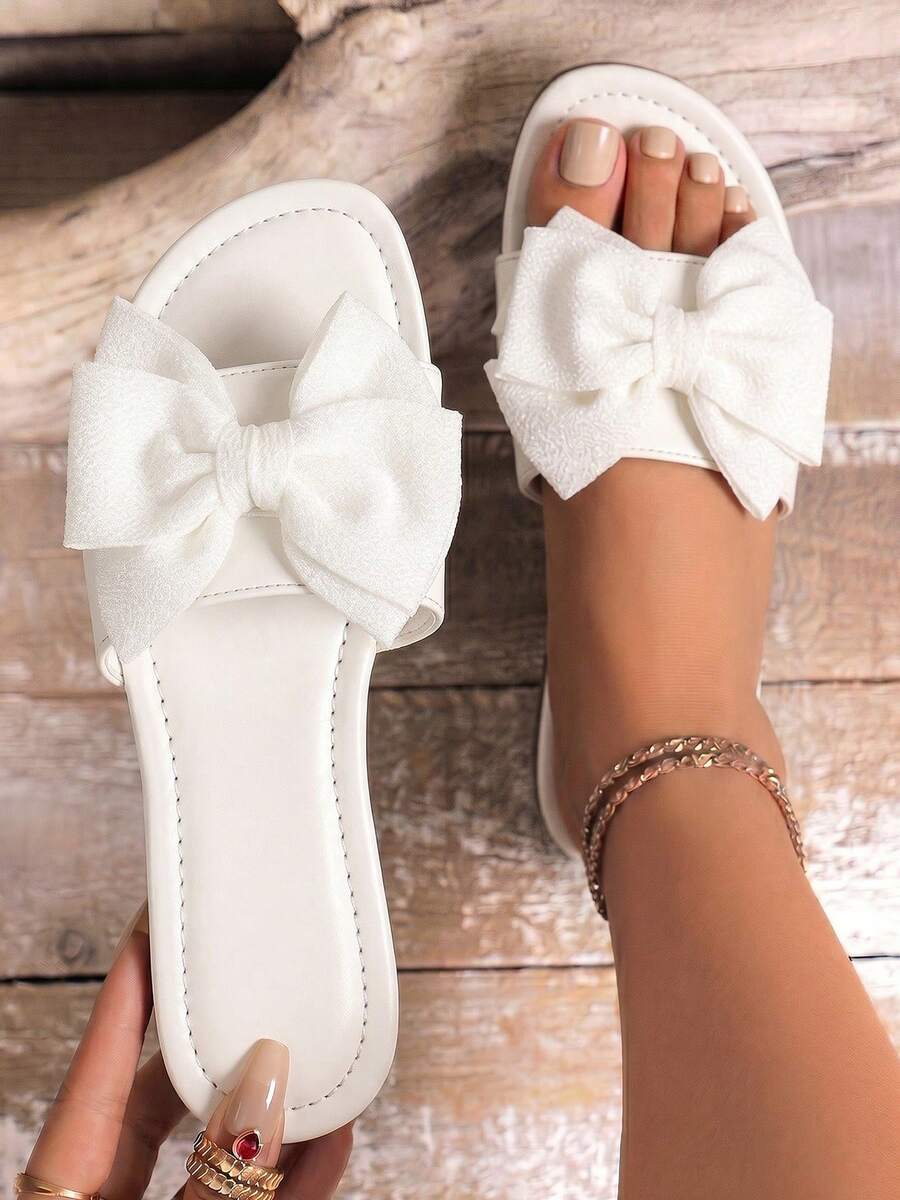 Flats Sandals Shoes For Women With Bow Comfortable Stylish Round Toe Casual Summer Lightweight Beach Slippers For Walking Travel Outdoor Slides - White - View 1