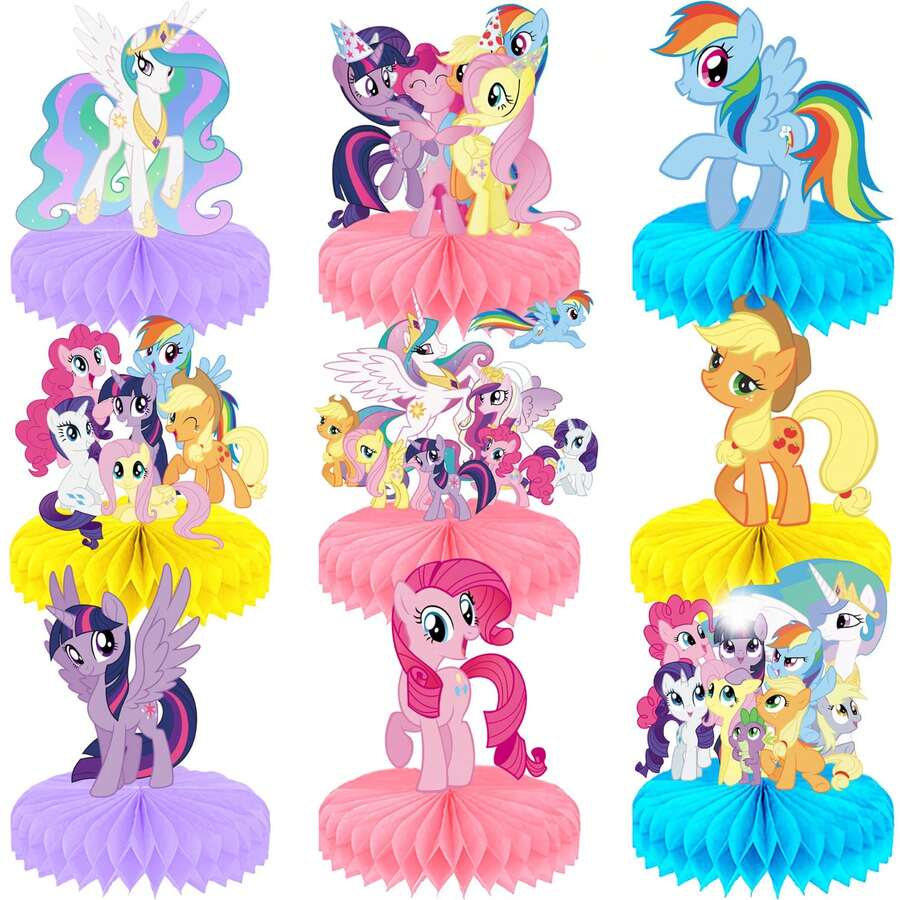 9 PCS MINISO My Little Pony Party Table Decor Set, Premium Honeycomb Cartoon Displays, Foldable Paper Centerpieces, Rainbow Celebration Props, Cake Table Styling Accessories, Holiday Party Decorations - Style 1 - View 1