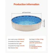[Free Shipping] Round Swimming Pool Membrane 8-Ft For Backyard Leisure Home Recreation Summer Cooling, Overlap Installation Standard Gauge Vinyl 48-54-Inch Wall Height Manual Connection Solid Pattern Professional Grade Replacement Accessory-XY361213 - 預設10 - 查看 8