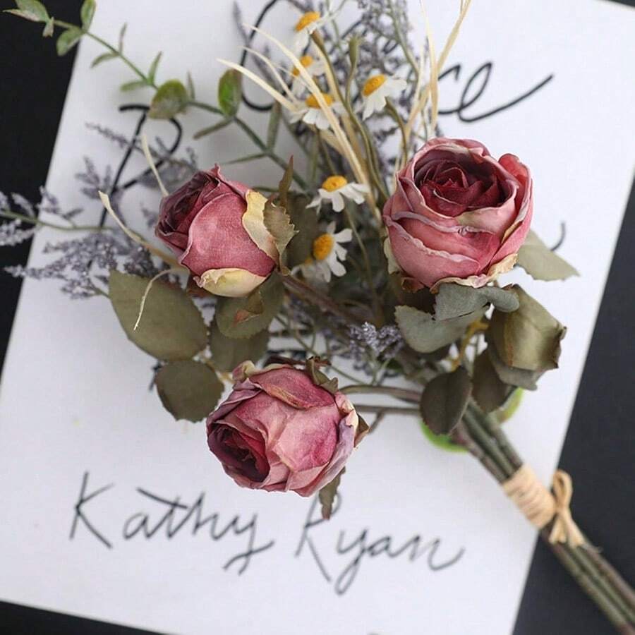 - Juego de ramo de rosas secas naturales de 6 flores, decoracin del hogar de 14 pulgadas, ramo de rosas secas de colores, adecuado para todo tipo de arreglos florales de decoracin de bodas - Color azufaifo - Ver 1
