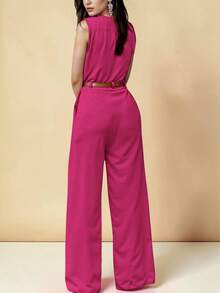 Elegant Palazzo Jumpsuit With Crossover Neckline And Adjustable Belt Included - 玫紅色 - 查看 2
