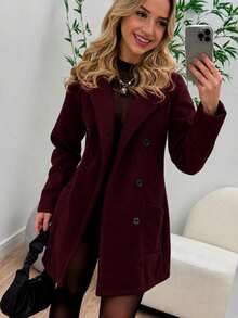 Women's Overcoat, Wool, Buttoned, Winter - Burgundy - View 2