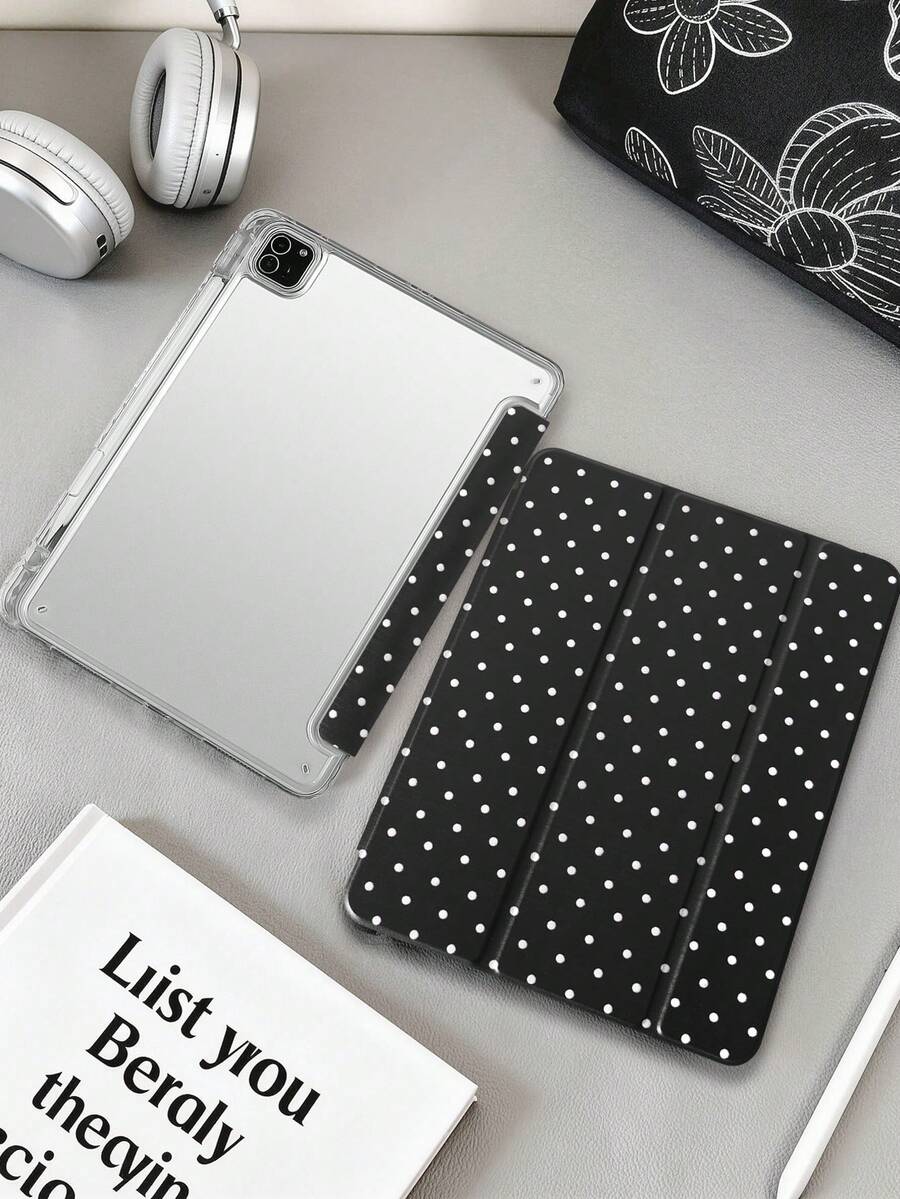 波點黑色平板保護殼,相容 iPad Mini6/Mini7/Air/Air2/9.7/10.2/10.5/10.9 (Air4-Air8)/Pro 11/10th Gen/A16/Pro 11 2024 機型,彩繪圖案平板殼配透明壓克力背殼,三折支架,自動休眠/喚醒,內建筆槽,不含筆,部分機型附相機框 - 黑與白 - 查看 1