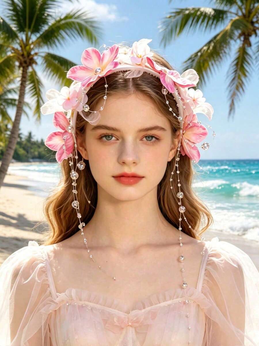 1件女童人造花珍珠髮箍，仙女風薄紗花飾與串珠流蘇髮飾，適合日常配戴、旅行、編髮造型、情人節、派對、仙女造型 - 粉色 - 查看 1
