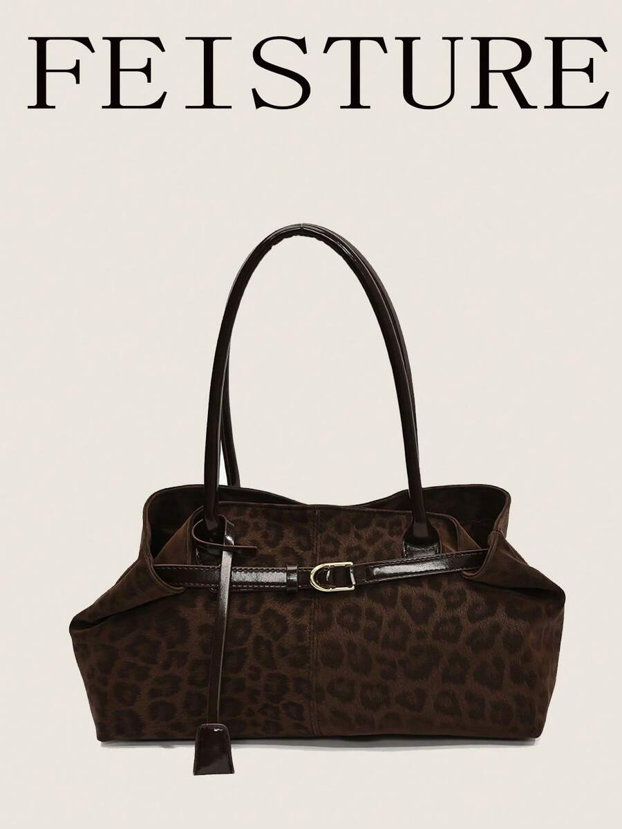 1pc Fashion Leopard Print Shoulder Bag, Large Capacity Tote Bag For Daily Commute And Shopping, Strap Decor, Magnetic Closure, Bags For Ladies Fashionable, New Fall Winter Tiger Print Bag For Women