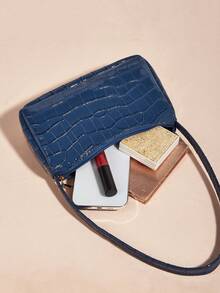 Women's Glossy Crocodile Embossed Minimalist Shoulder Bag - Blue - View 6