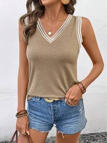 Camiseta sin mangas para mujer, cuello en V, con ribete a rayas, tejido de punto, ajuste holgado, estilo casual, elegante, transpirable, para primavera y verano, uso diario - Caqui - Ver 2