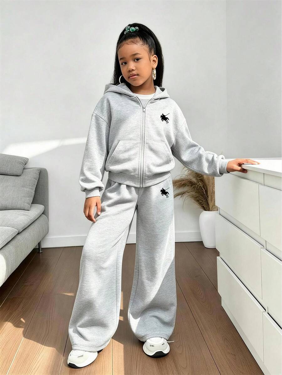2件組青少年女孩拉鍊連帽衛衣與寬腿長褲套裝,印有黑色騎士圖案拉鍊連帽衛衣 + 寬腿運動長褲套裝,適合秋冬日常穿著 - 灰色 - 查看 1