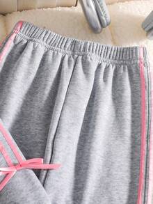 Sudadera de cuello redondo y pantalones con decoración de lazo para niña preadolescente - Gris - Ver 6