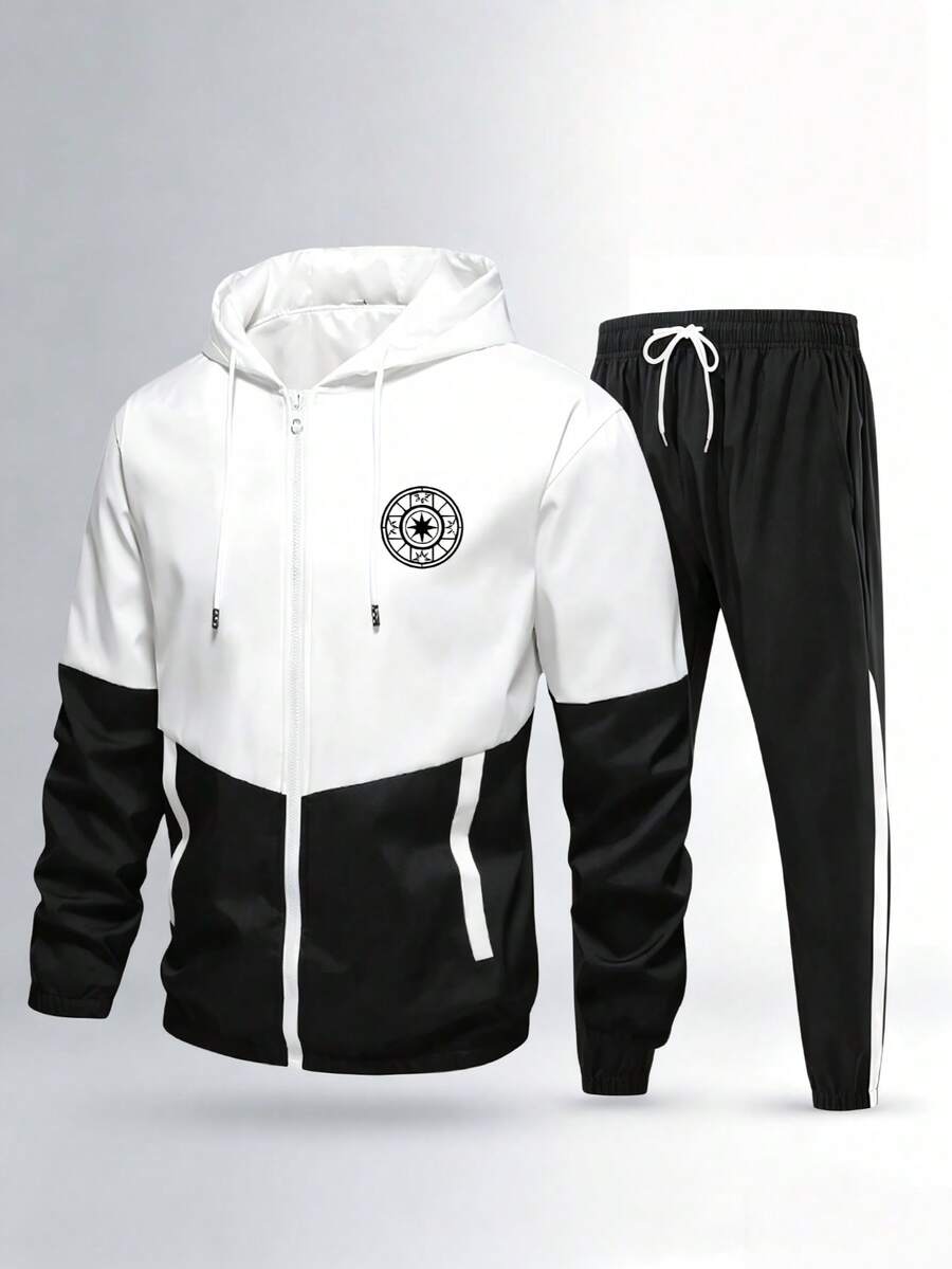 Men's Spring/Autumn Colorblock 2-Piece Sports Set | Hooded Zip-Up Jacket + Drawstring Cuffed Pants, Compass Print Casual Outdoor Outfit - Black - View 1