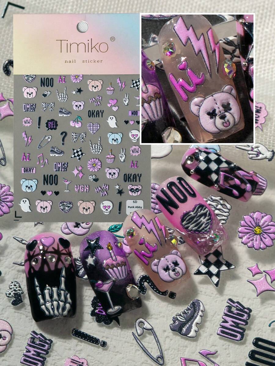 1pc Sweet Punk Style 6D 3D Embossed Nail Stickers, Pink & Black Color Scheme With Skull, Bear, Lightning, Skeleton Hand & Fun Text, Subculture Vibe, Suitable For Streetwear, Y2K Look, Sweet Punk Nails, Party Occasions, Ideal For Subculture Enthusiasts, Students, Nail DIY Beginners, Personalized Girls - Multicolor - View 1