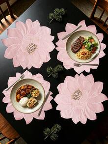 4/120pcs, Pink Lotus Embroidered Fabric Placemats, Waterproof & Oil-Resistant Table Mats, Washable & Odorless Bowl & Plate Pads, Suitable For Restaurant, Cafe, Homestay, Indoor & Outdoor Use, Fit For Festival, Party, Gathering, Birthday, Wedding, Dinner - Multicolor - View 14
