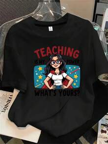 ¿Es mi derecho enseñar una camisa de manga corta con cuello redondo para mujer? ¿Qué te da derecho a enseñar? Camisa estampada de manga corta, apta para todas las estaciones. - Negro - Ver 1